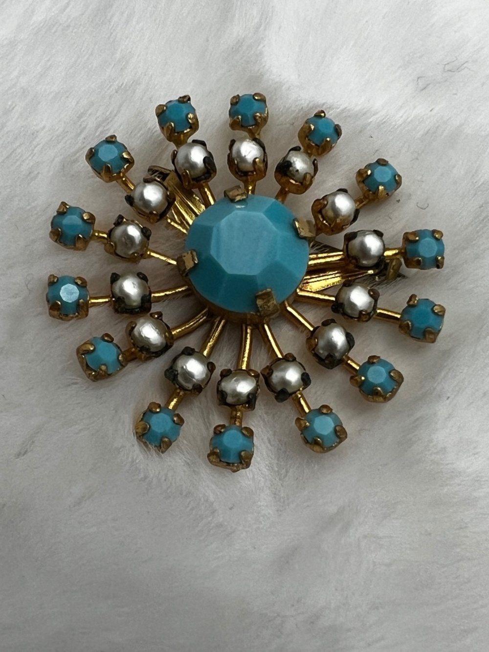 Vintage MCM Faux Turquoise & Pearl Starburst Statement Brooch Pin